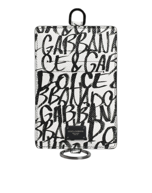 Portefeuille porte-cartes en cuir blanc Dolce &amp; Gabbana avec cordon et logo imprimé