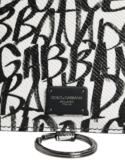 Portefeuille porte-cartes en cuir blanc Dolce &amp; Gabbana avec cordon et logo imprimé