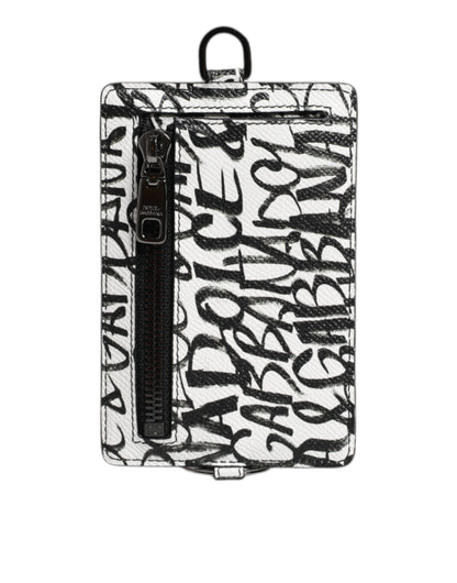 Portefeuille porte-cartes en cuir blanc Dolce &amp; Gabbana avec cordon et logo imprimé