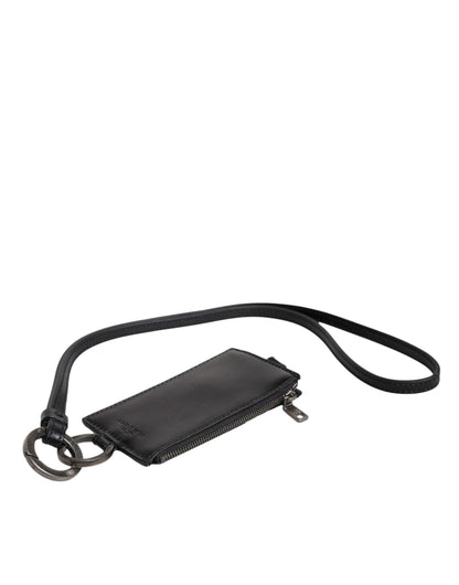 Portefeuille porte-cartes Dolce &amp; Gabbana en cuir noir avec cordon et logo cheval