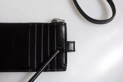 Portefeuille porte-cartes Dolce &amp; Gabbana en cuir noir avec cordon et logo cheval
