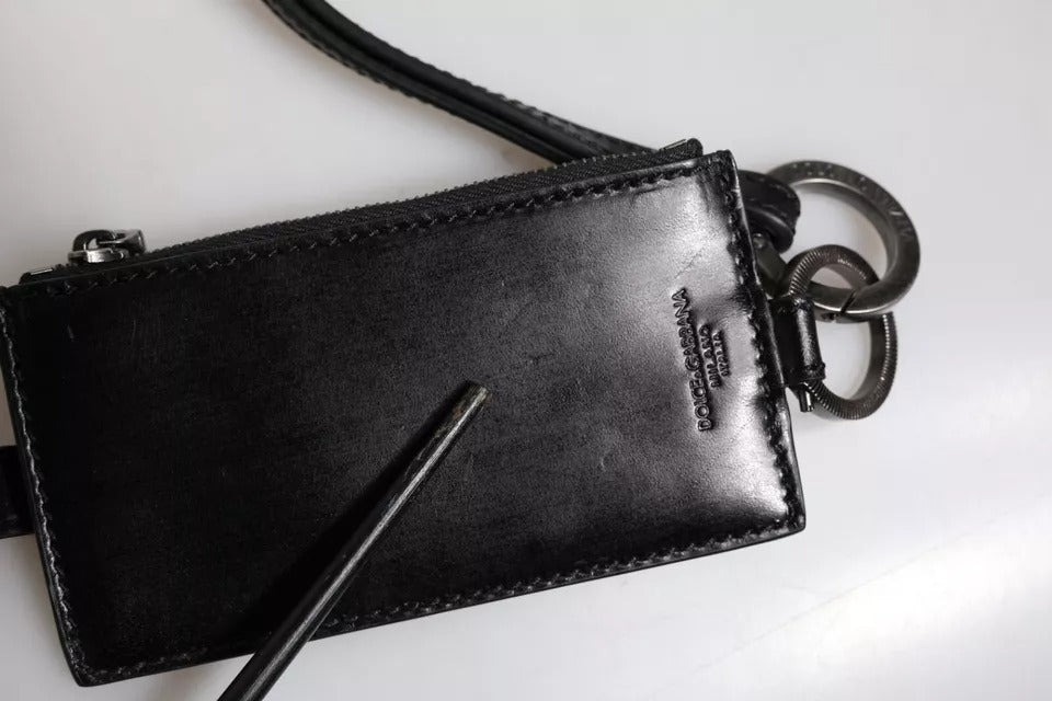 Portefeuille porte-cartes Dolce &amp; Gabbana en cuir noir avec cordon et logo cheval