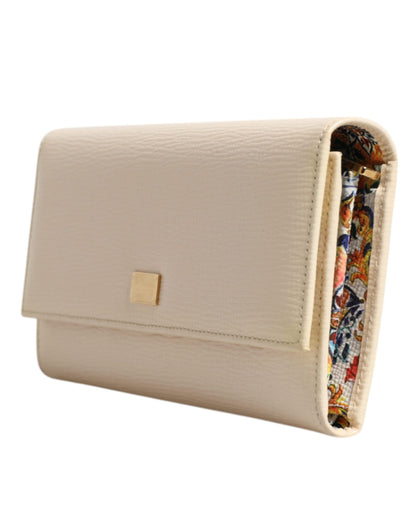 Dolce &amp; Gabbana Beige Leather Trifold Logo Plaque Card Holder Wallet