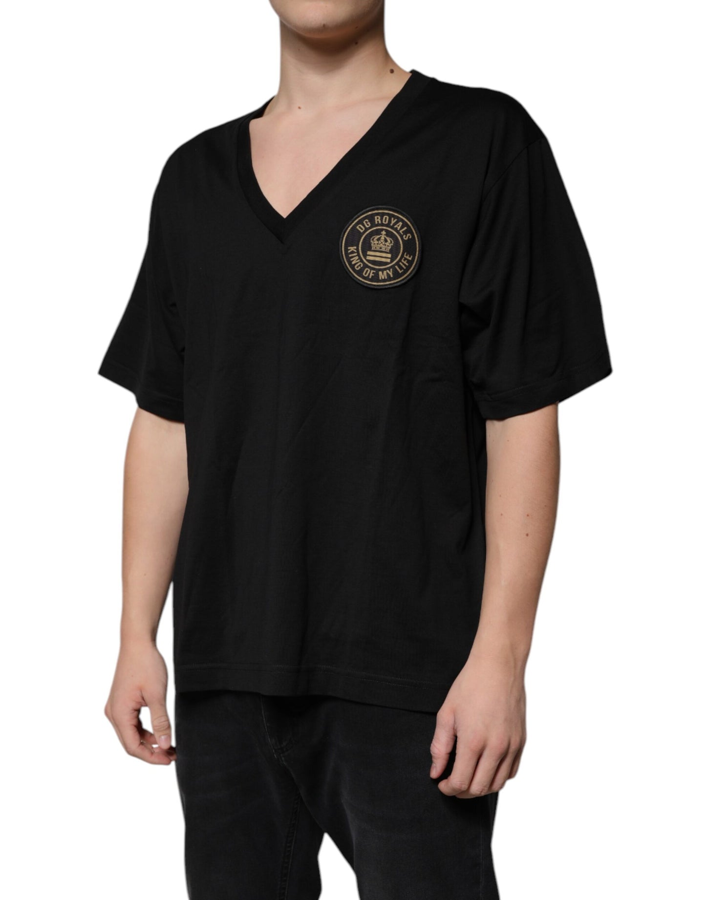 Dolce & Gabbana Black Cotton Logo Vneck Short Sleeve T-shirt by Dolce & Gabbana