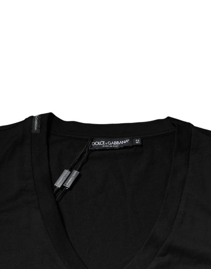 Dolce & Gabbana Black Cotton Logo Vneck Short Sleeve T-shirt by Dolce & Gabbana