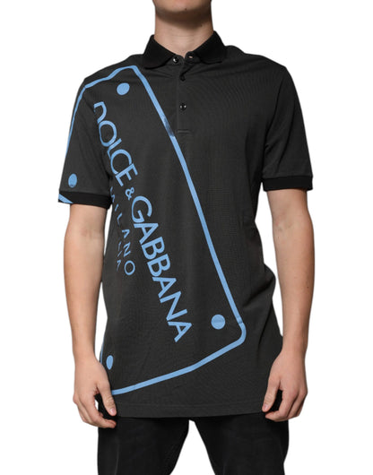 Polo en coton à col imprimé logo noir Dolce &amp; Gabbana