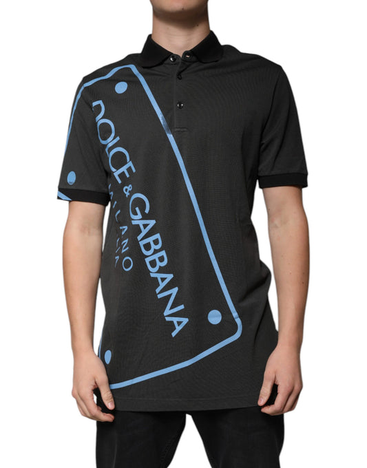 Polo en coton à col imprimé logo noir Dolce &amp; Gabbana