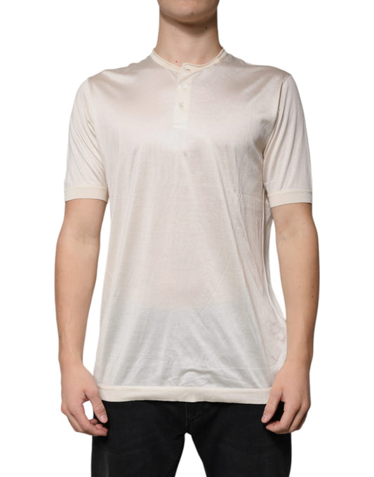 Dolce & Gabbana Off White Silk Crew Neck Henley T-shirt by Dolce & Gabbana