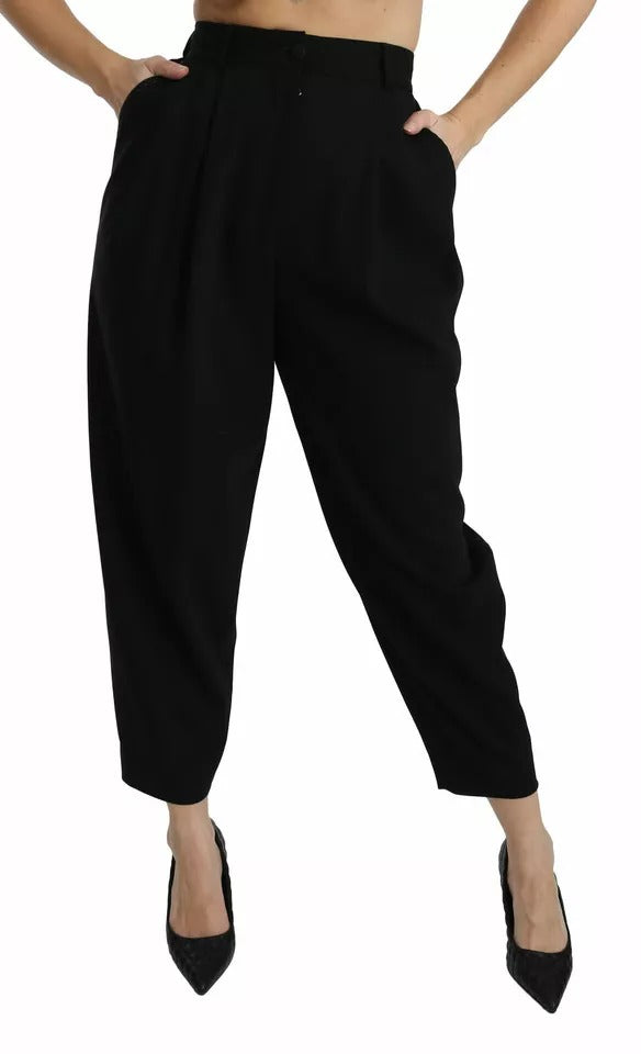 Dolce & Gabbana Black Wool High Waist Pleat Front Cropped Pants by Dolce & Gabbana