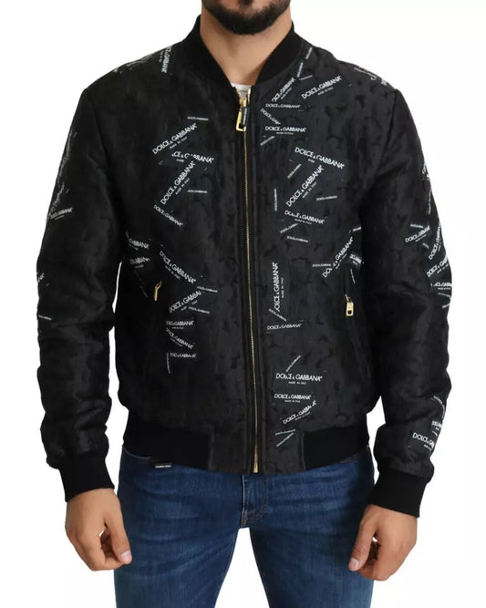 Dolce & Gabbana Black Logo Patch Brocade Bomber Full Zip Jacket by Dolce & Gabbana