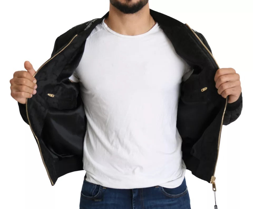 Dolce & Gabbana Black Logo Patch Brocade Bomber Full Zip Jacket by Dolce & Gabbana