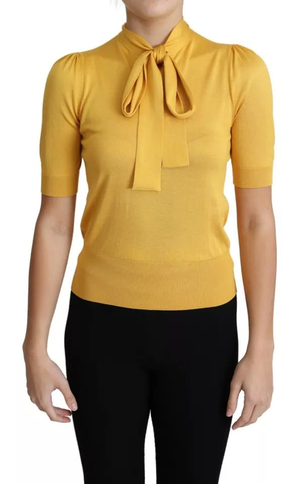 Dolce & Gabbana Yellow Silk Knit Pullover Ascot Collar Top by Dolce & Gabbana