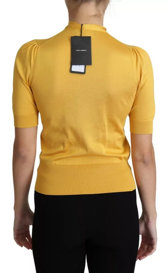 Dolce & Gabbana Yellow Silk Knit Pullover Ascot Collar Top by Dolce & Gabbana
