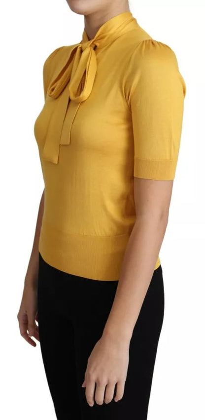 Dolce & Gabbana Yellow Silk Knit Pullover Ascot Collar Top by Dolce & Gabbana