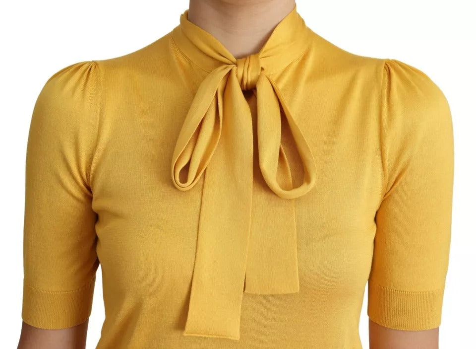 Dolce & Gabbana Yellow Silk Knit Pullover Ascot Collar Top by Dolce & Gabbana