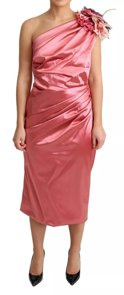 Dolce & Gabbana Pink Draped Midi Flower Applique Dress by Dolce & Gabbana