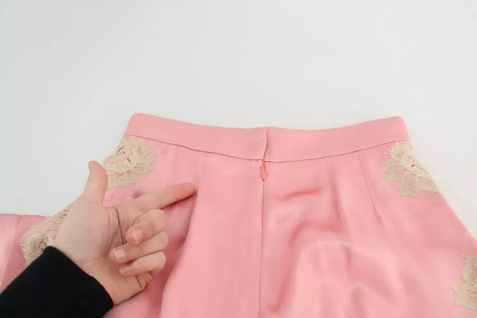 Dolce & Gabbana Pink Lace Trimmed Silk Satin Wide Legs Pants by Dolce & Gabbana