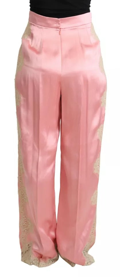Dolce & Gabbana Pink Lace Trimmed Silk Satin Wide Legs Pants by Dolce & Gabbana