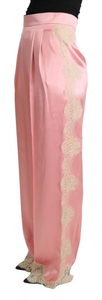 Dolce & Gabbana Pink Lace Trimmed Silk Satin Wide Legs Pants by Dolce & Gabbana