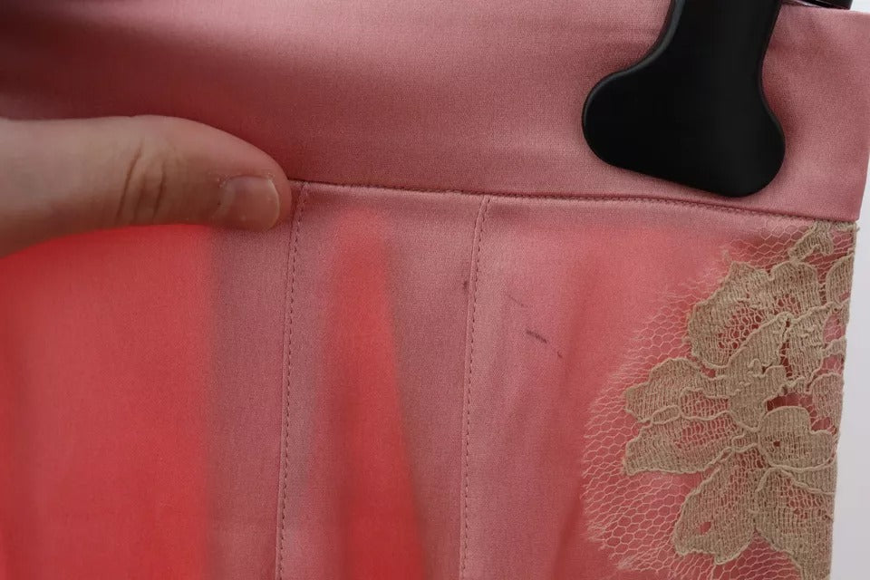 Dolce & Gabbana Pink Lace Trimmed Silk Satin Wide Legs Pants by Dolce & Gabbana
