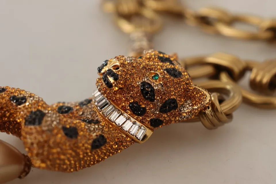 Collier Dolce &amp; Gabbana avec pendentif léopard en laiton doré et perles de cristal