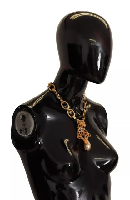 Collier Dolce &amp; Gabbana avec pendentif léopard en laiton doré et perles de cristal