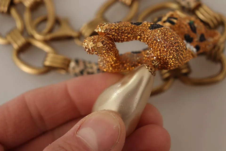 Collier Dolce &amp; Gabbana avec pendentif léopard en laiton doré et perles de cristal