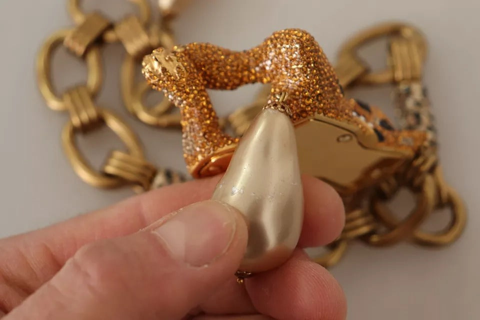 Collier Dolce &amp; Gabbana avec pendentif léopard en laiton doré et perles de cristal