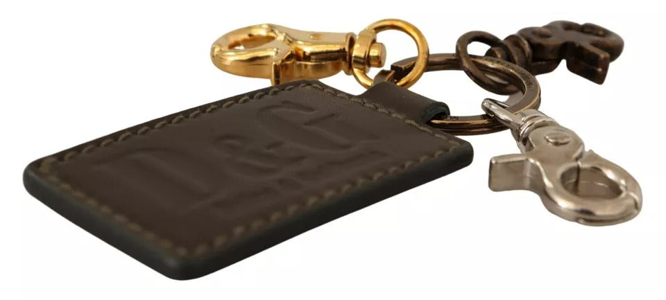 Dolce &amp; Gabbana Green Leather D&amp;G Logo Metal Ring Hook Keyring Keychain