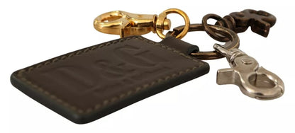 Dolce &amp; Gabbana Green Leather D&amp;G Logo Metal Ring Hook Keyring Keychain
