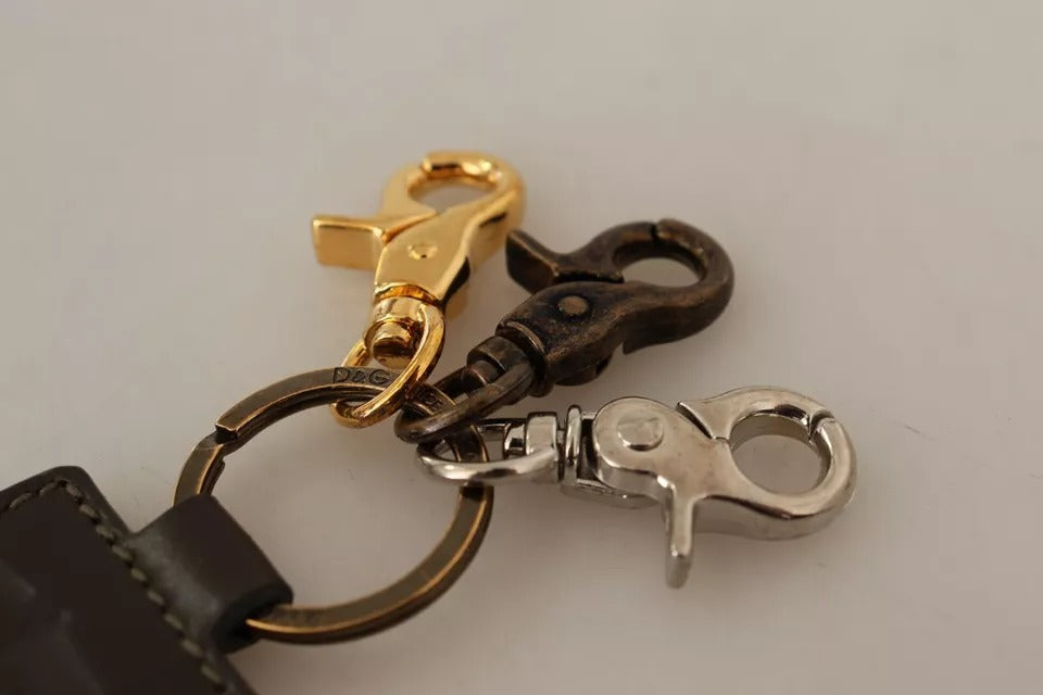 Dolce &amp; Gabbana Green Leather D&amp;G Logo Metal Ring Hook Keyring Keychain