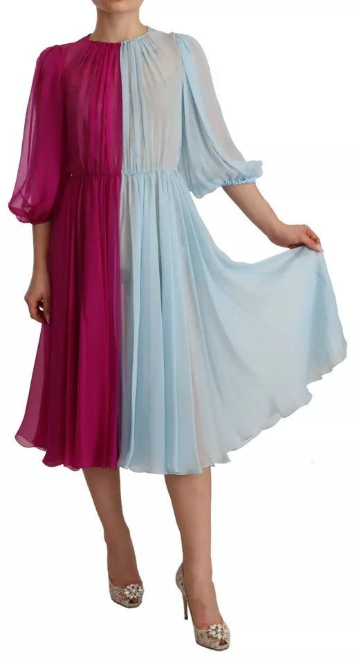 Dolce & Gabbana Fuchsia Light Blue Silk Two Tone Midi Dress by Dolce & Gabbana