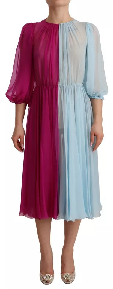 Dolce & Gabbana Fuchsia Light Blue Silk Two Tone Midi Dress by Dolce & Gabbana