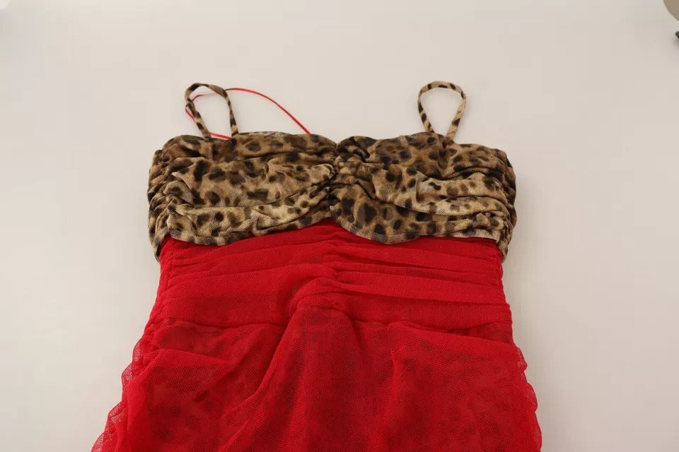 Dolce & Gabbana Brown Leopard Red Tulle Sheath Midi Dress by Dolce & Gabbana