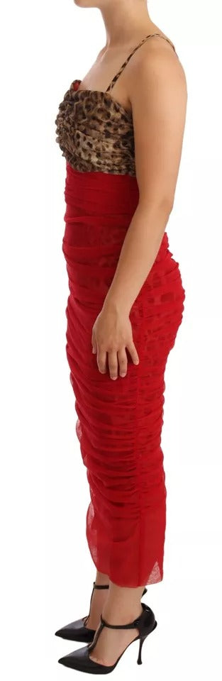 Dolce & Gabbana Brown Leopard Red Tulle Sheath Midi Dress by Dolce & Gabbana