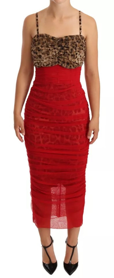 Dolce & Gabbana Brown Leopard Red Tulle Sheath Midi Dress by Dolce & Gabbana