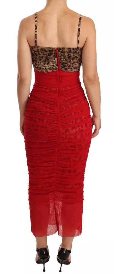 Dolce & Gabbana Brown Leopard Red Tulle Sheath Midi Dress by Dolce & Gabbana