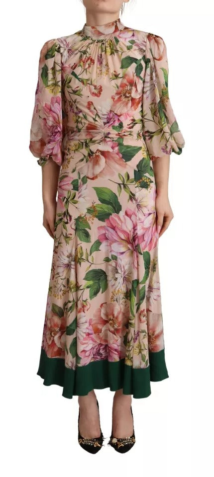 Dolce &amp; Gabbana Pink A-line Sheath Floral Pussy Bow Long Dress