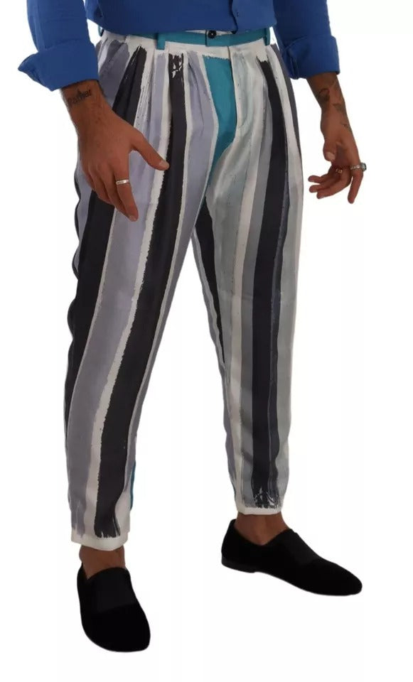 Dolce & Gabbana Blue Striped Silk Tapered Pants by Dolce & Gabbana