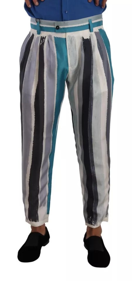 Dolce & Gabbana Blue Striped Silk Tapered Pants by Dolce & Gabbana