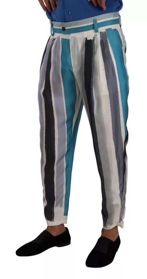 Dolce & Gabbana Blue Striped Silk Tapered Pants by Dolce & Gabbana