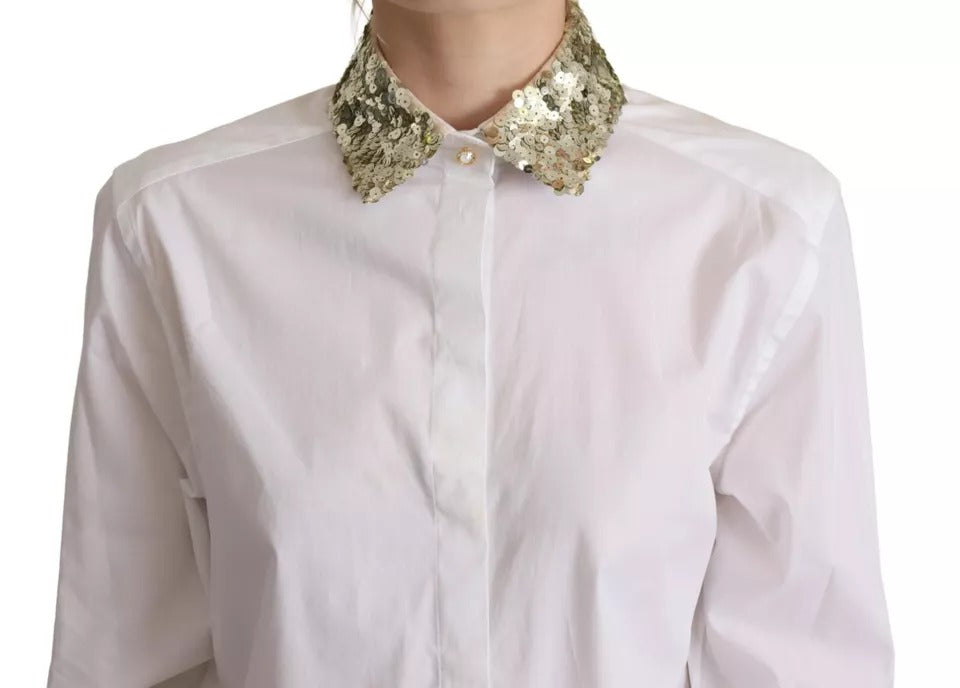 Dolce &amp; Gabbana White Cotton Collared Long Sleeves Sequin Top Shirt