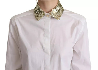 Dolce &amp; Gabbana White Cotton Collared Long Sleeves Sequin Top Shirt