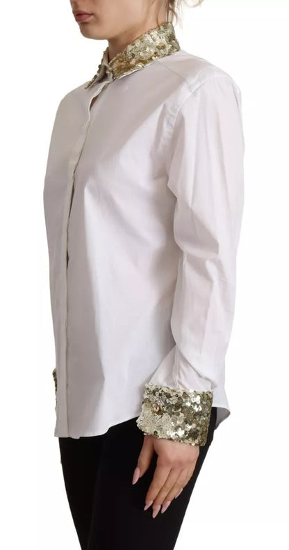Dolce &amp; Gabbana White Cotton Collared Long Sleeves Sequin Top Shirt