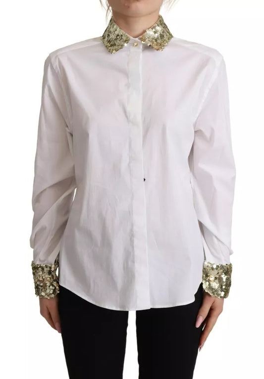 Dolce &amp; Gabbana White Cotton Collared Long Sleeves Sequin Top Shirt
