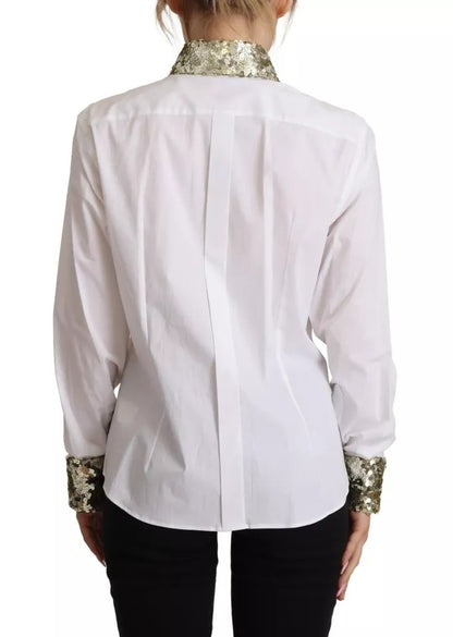Dolce &amp; Gabbana White Cotton Collared Long Sleeves Sequin Top Shirt