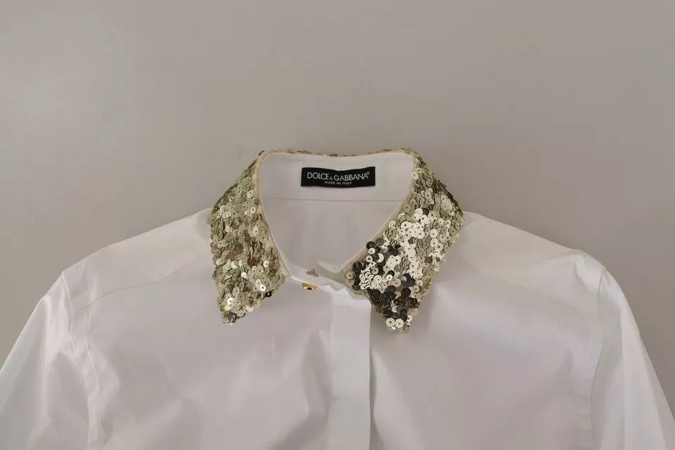 Dolce &amp; Gabbana White Cotton Collared Long Sleeves Sequin Top Shirt