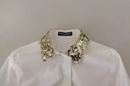 Dolce &amp; Gabbana White Cotton Collared Long Sleeves Sequin Top Shirt
