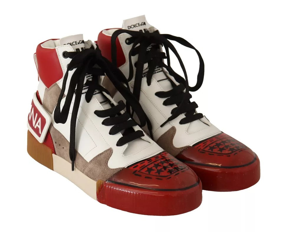 Dolce & Gabbana Red White Beige Leather High Tops Sneakers Shoes by Dolce & Gabbana