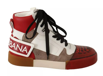 Dolce & Gabbana Red White Beige Leather High Tops Sneakers Shoes by Dolce & Gabbana